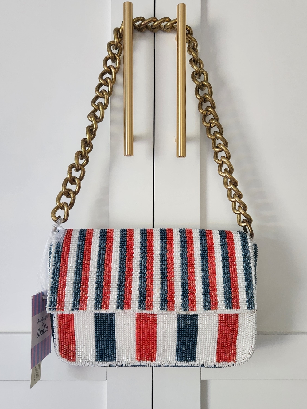 Striped Beaded Shoulder Bag in Red, White & Blue - NWT